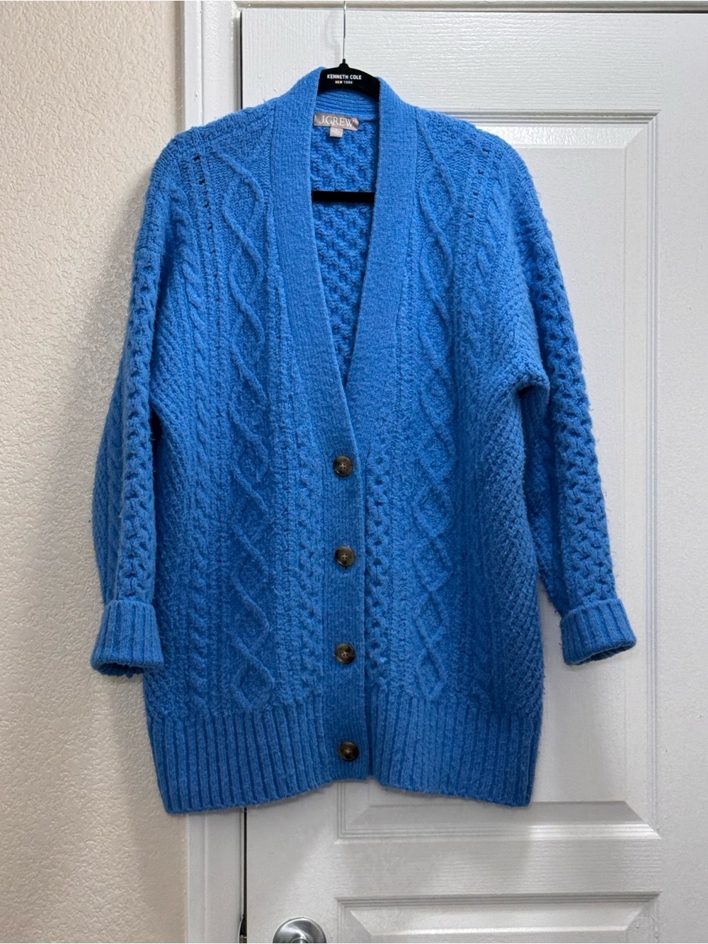 J Crew Oversized Cable-Knit V-Neck Cardigan Sweater in Brilliant Ocean Blue -